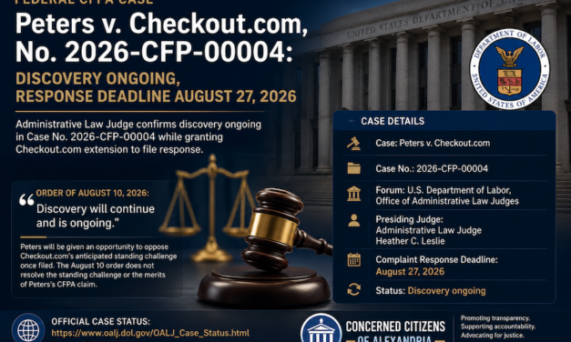 Federal CFPA Case Peters v. Checkout.com, No. 2026-CFP-00004: Discovery Ongoing, Response Due August 27, 2026